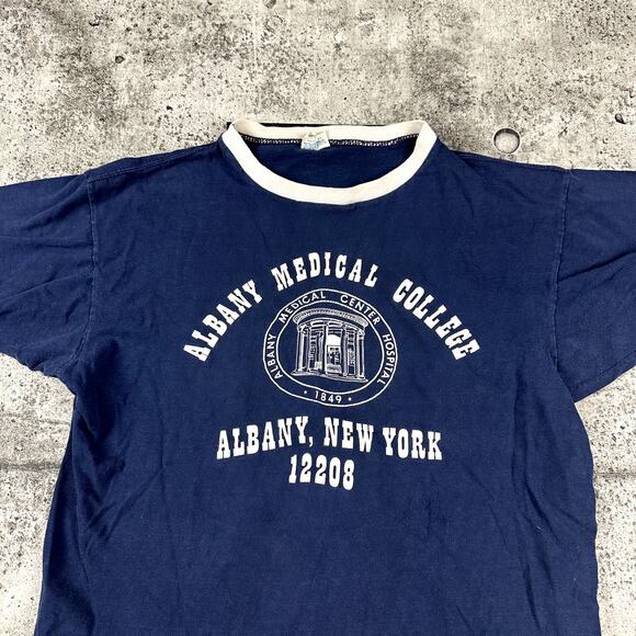 True Vintage Champion Blue Bar Ringer Albany Medical College Size Medium - Picture 2 of 5